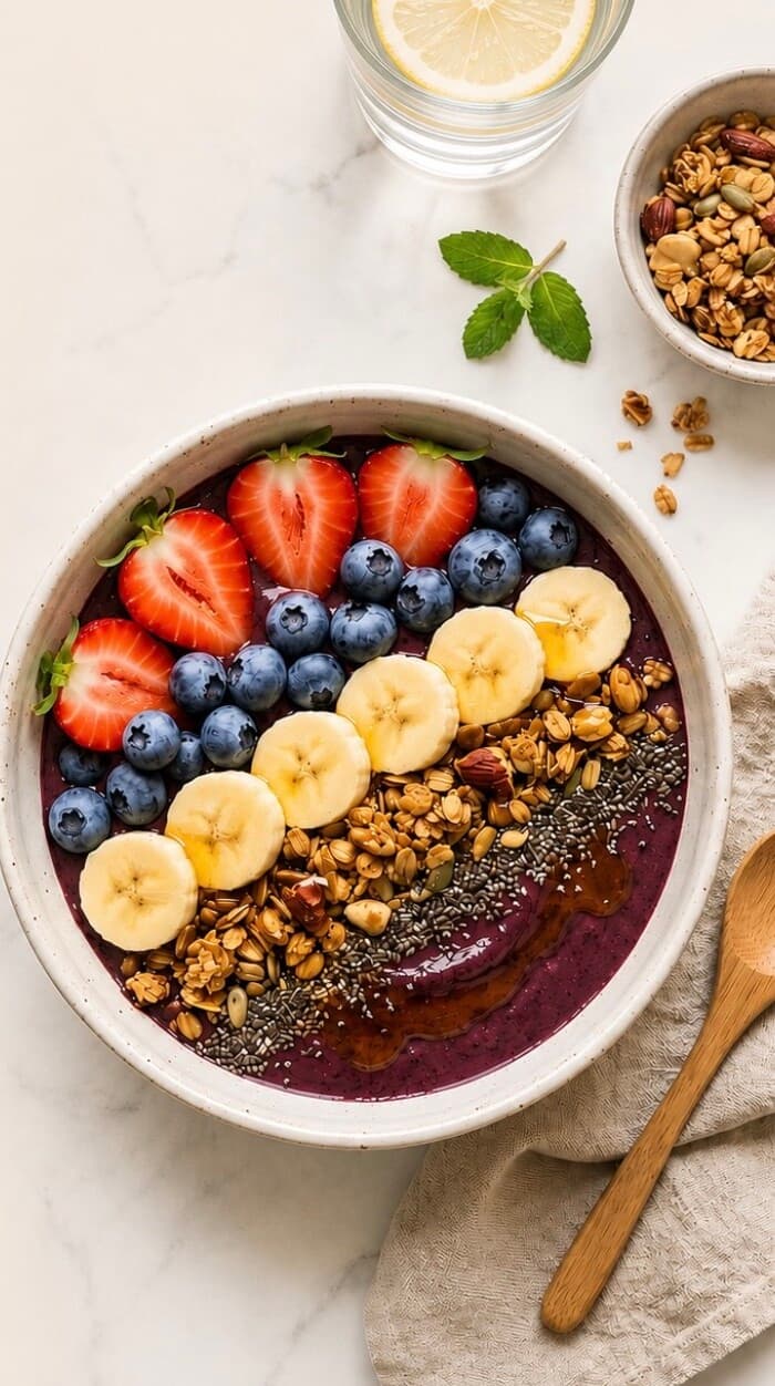 Acai bowl topped with strawberries, blueberries, banana and granola