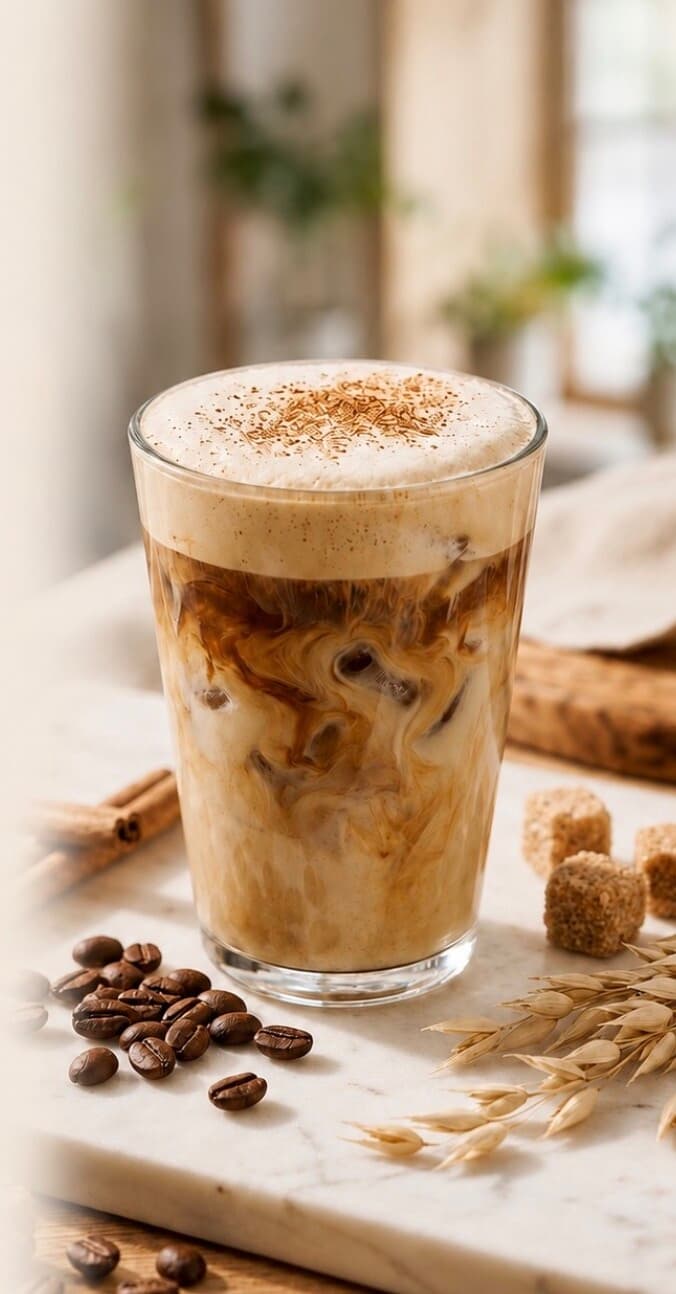 Iced latte in a tall glass with coffee beans and cinnamon